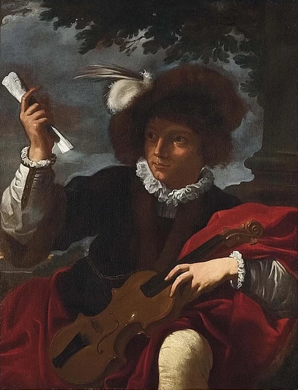 Giovane con violino su sfondo di paesaggio